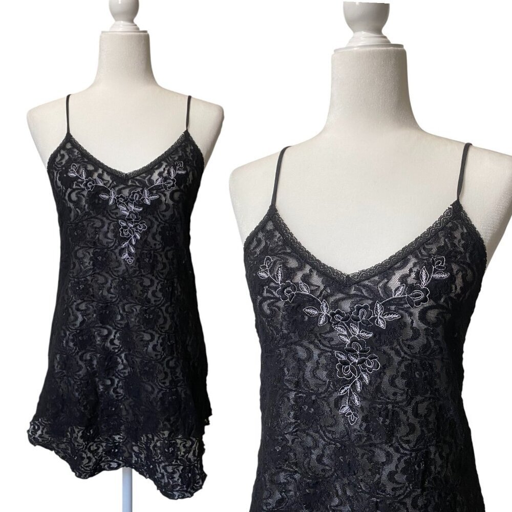 Vintage Embellished Lace Lingerie Slip Dress Size Medium Spaghetti Strap Goth